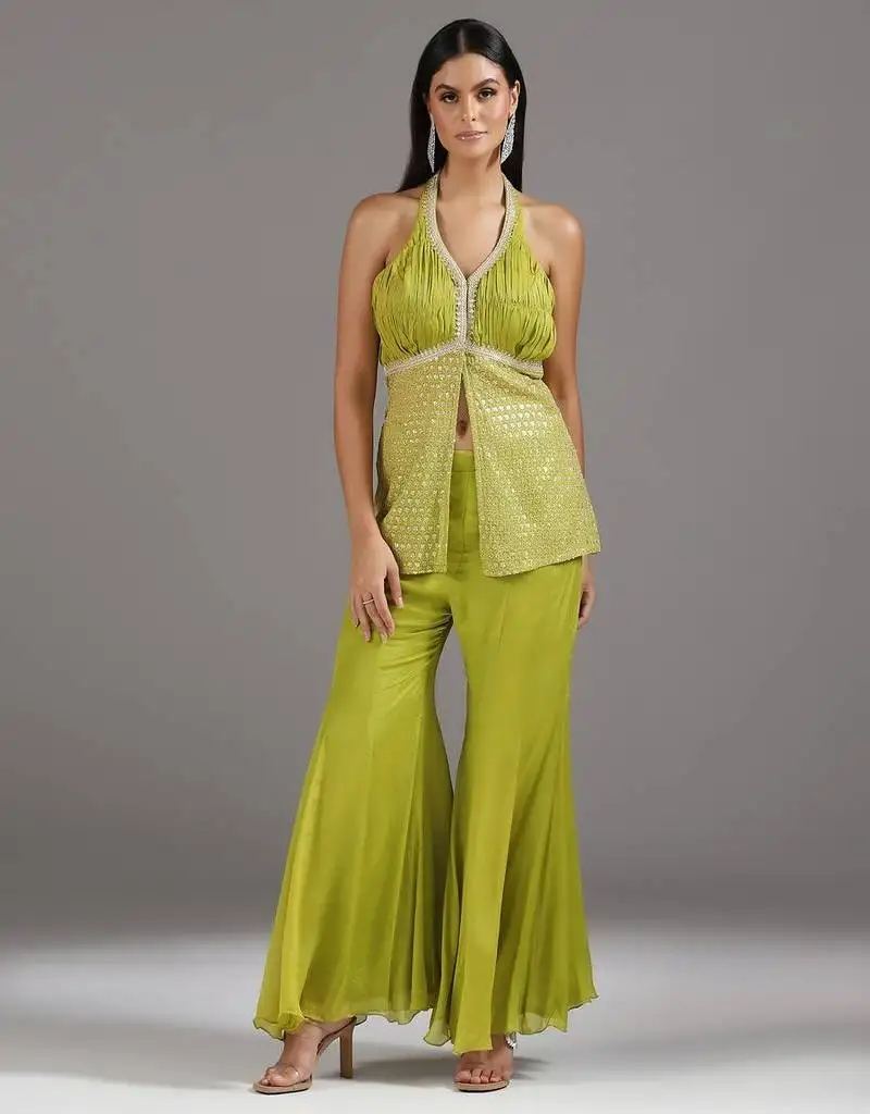 Green embroidered georgette co ord set