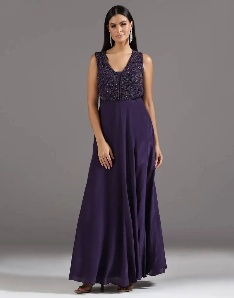 Purple embroidered crepe anarkali