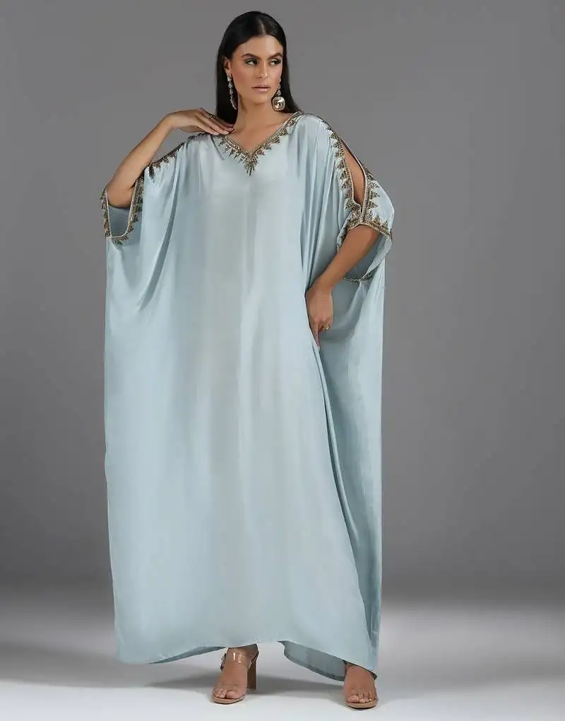 Blue embroidered crepe kaftan