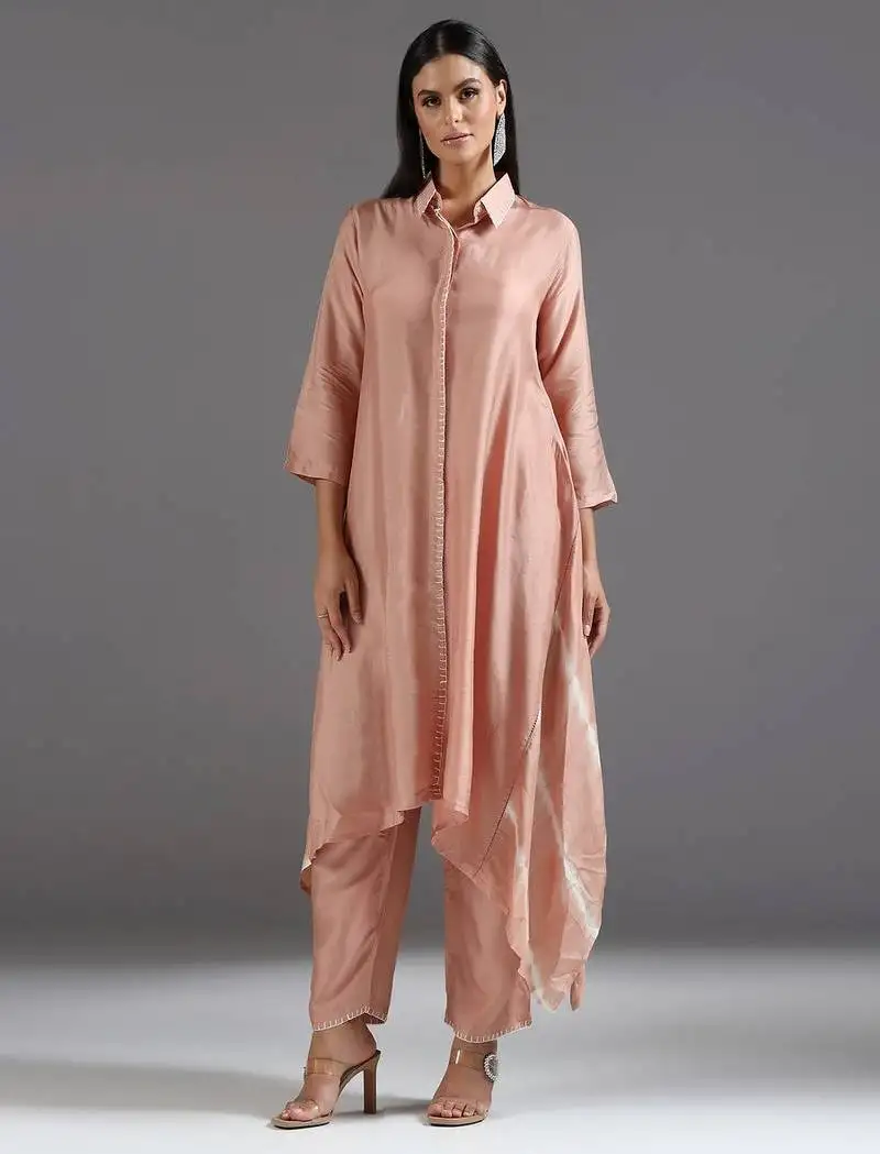 Peach plain silk kurta set