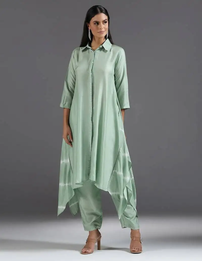 Green plain silk kurta set