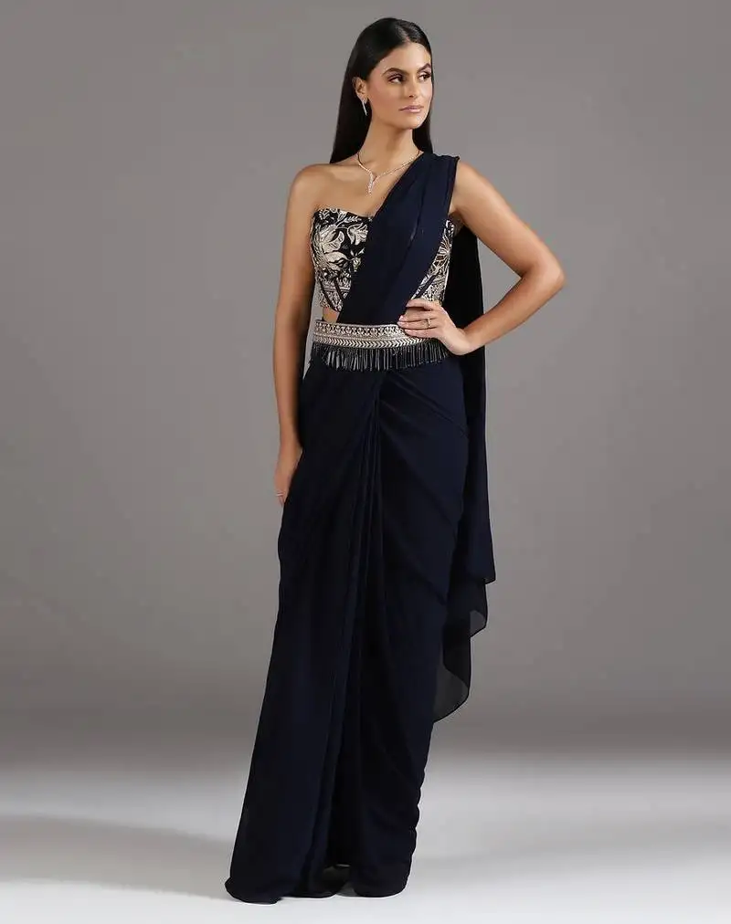 Blue plain georgette saree with embroidered blouse & belt