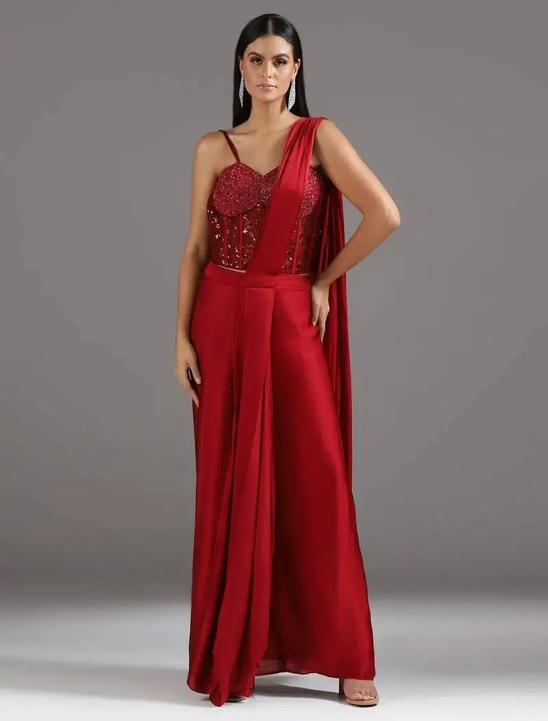 Red plain georgette saree with embroidered blouse