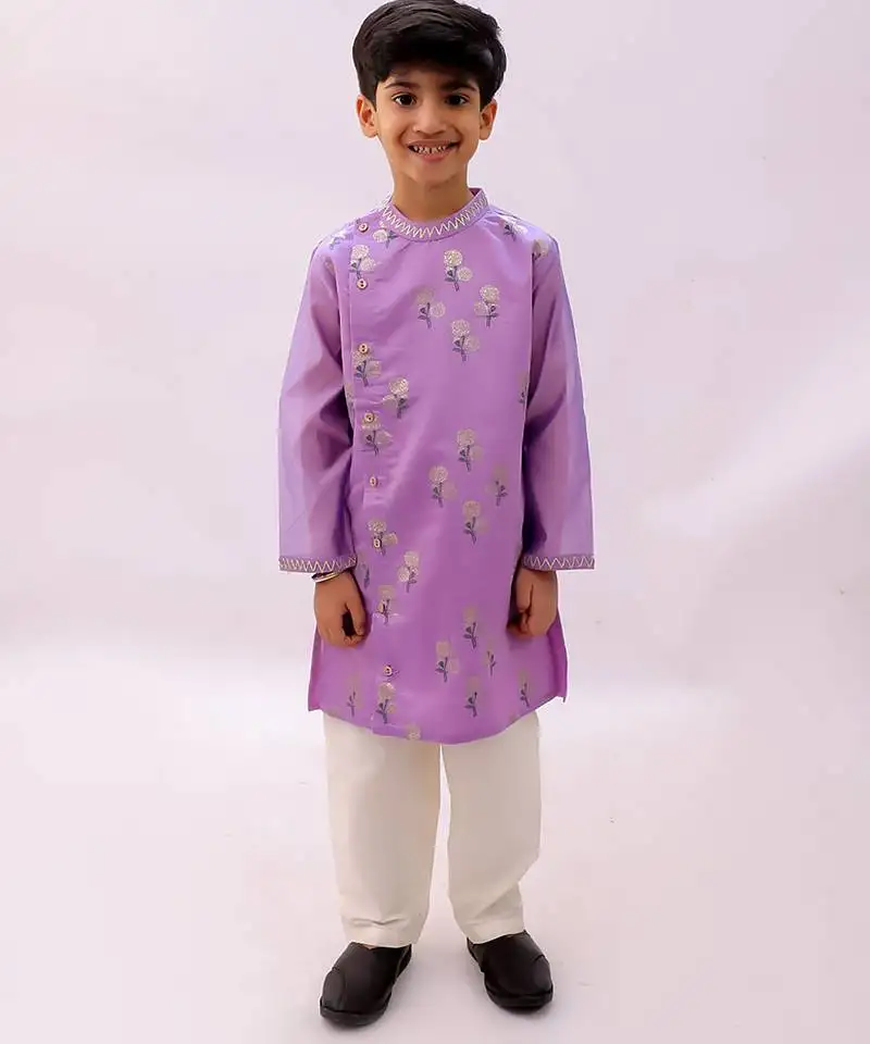 Purple printed chanderi kurta set