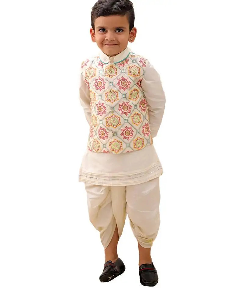 Off white printed silk nehru jacket set