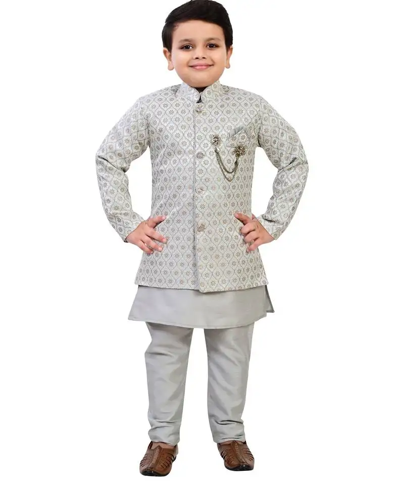 Grey ethnic motifs jacquard sherwani with solid kurta & pyjama set for boys