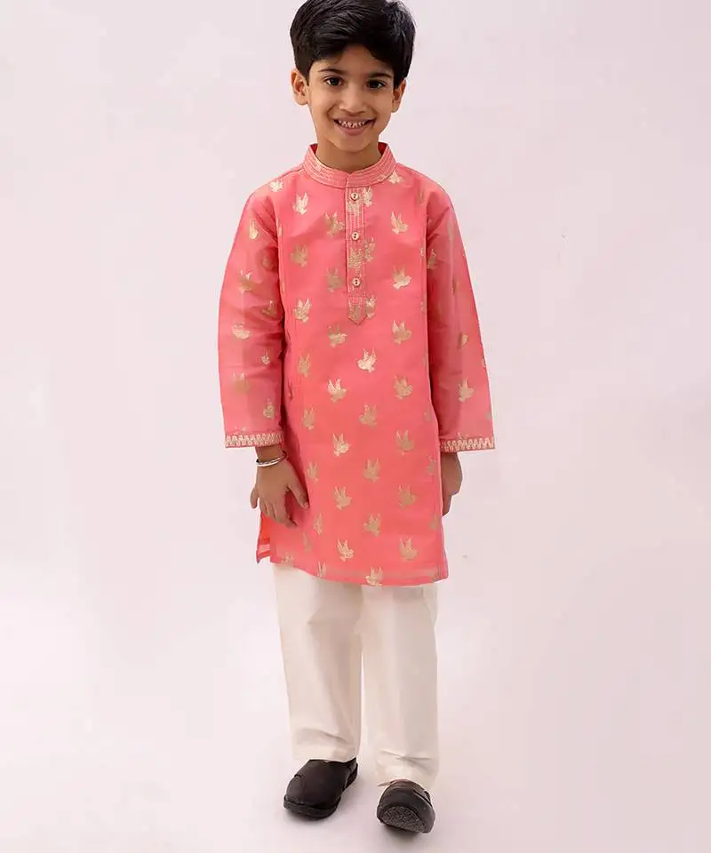 Peach printed chanderi kurta set