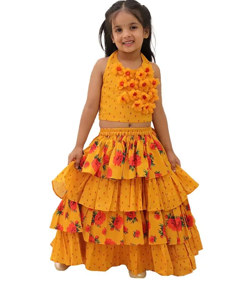 Mustard printed cotton lehenga