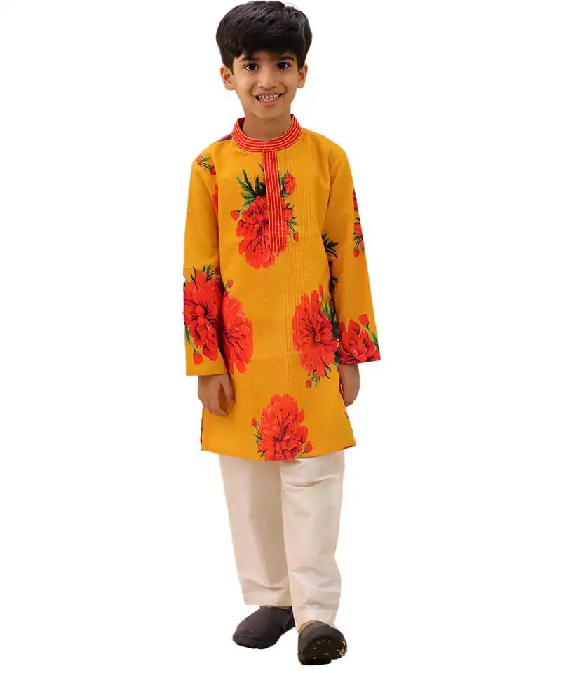 Mustard printed cotton kurta set