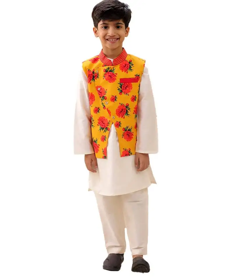 Mustard printed silk nehru jacket set