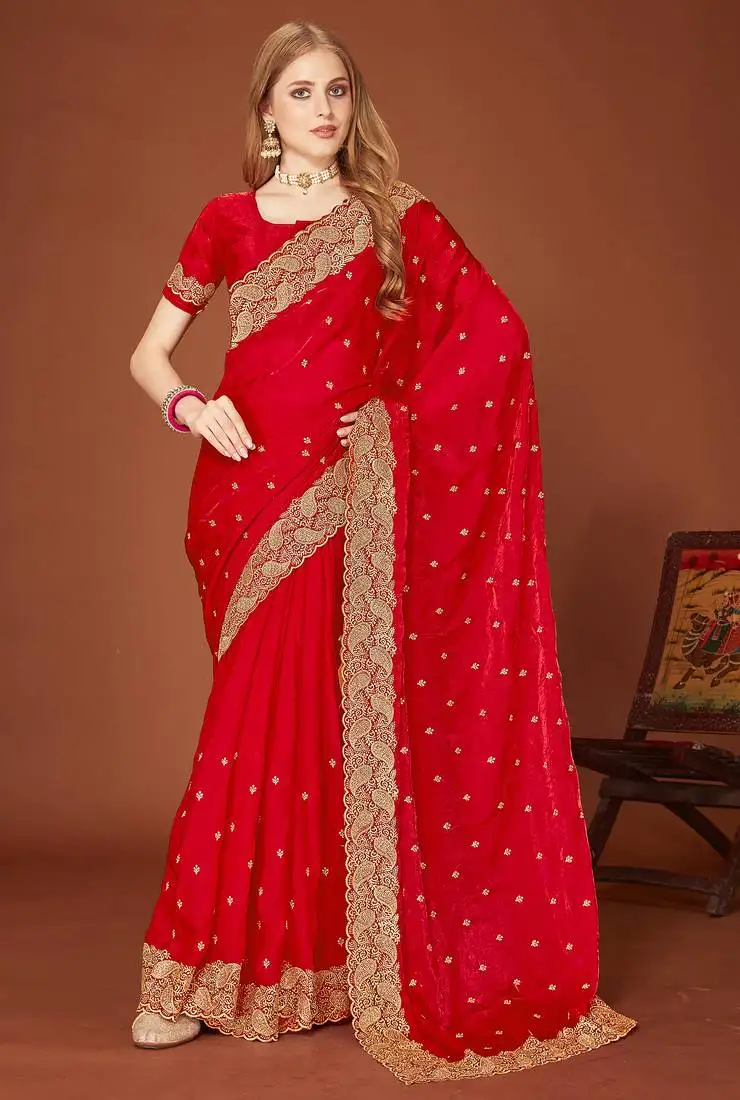Red zari resham embroidered border two tone silk party wear saree with blouse piece