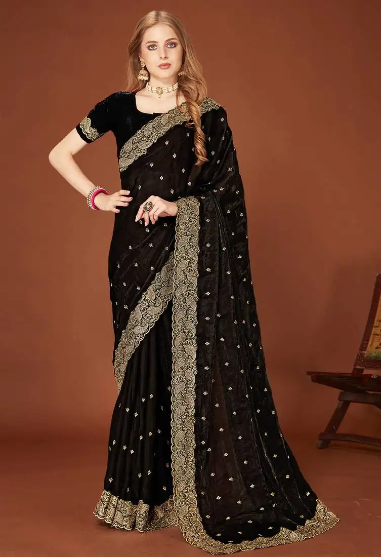Black zari resham embroidered border two tone silk party wear saree with blouse piece