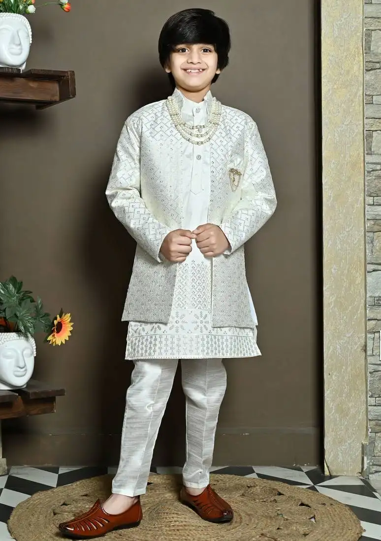 White sequined embroidered kurta sherwani with pant & necklace for boys