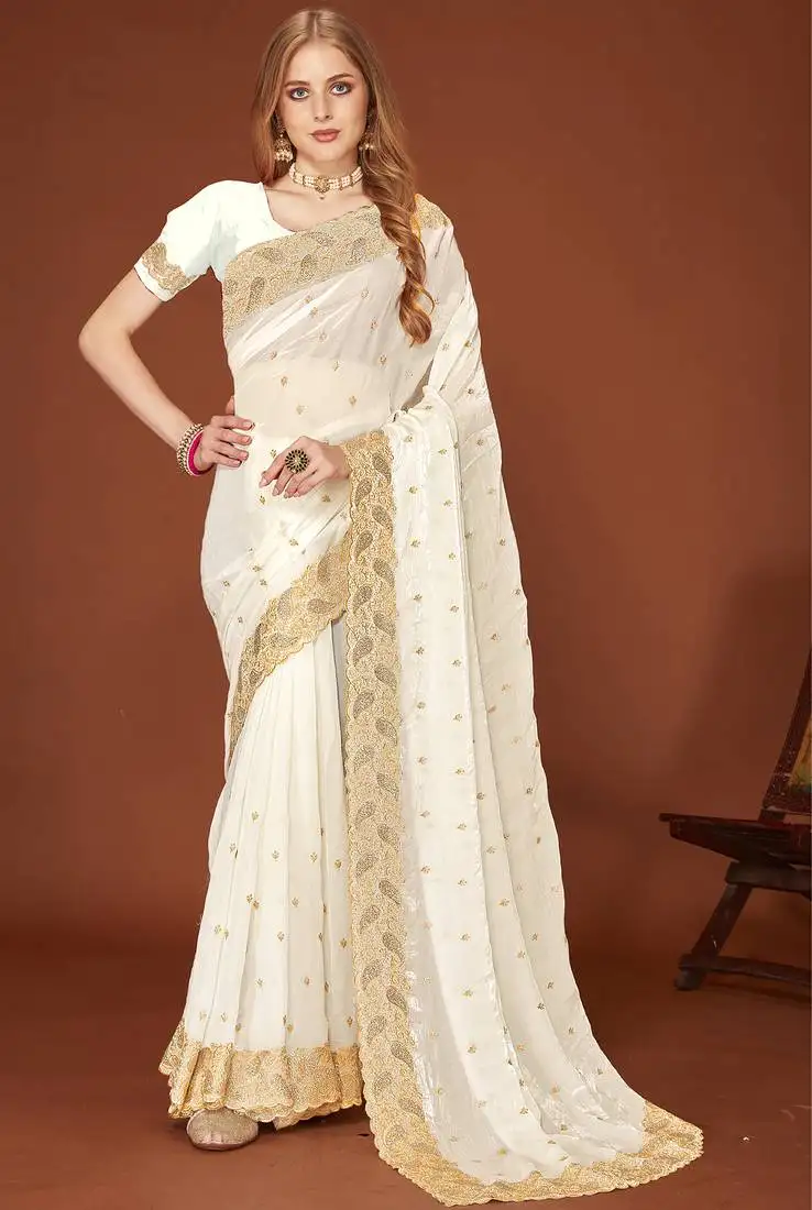 White zari resham embroidered border two tone silk party wear saree with blouse piece