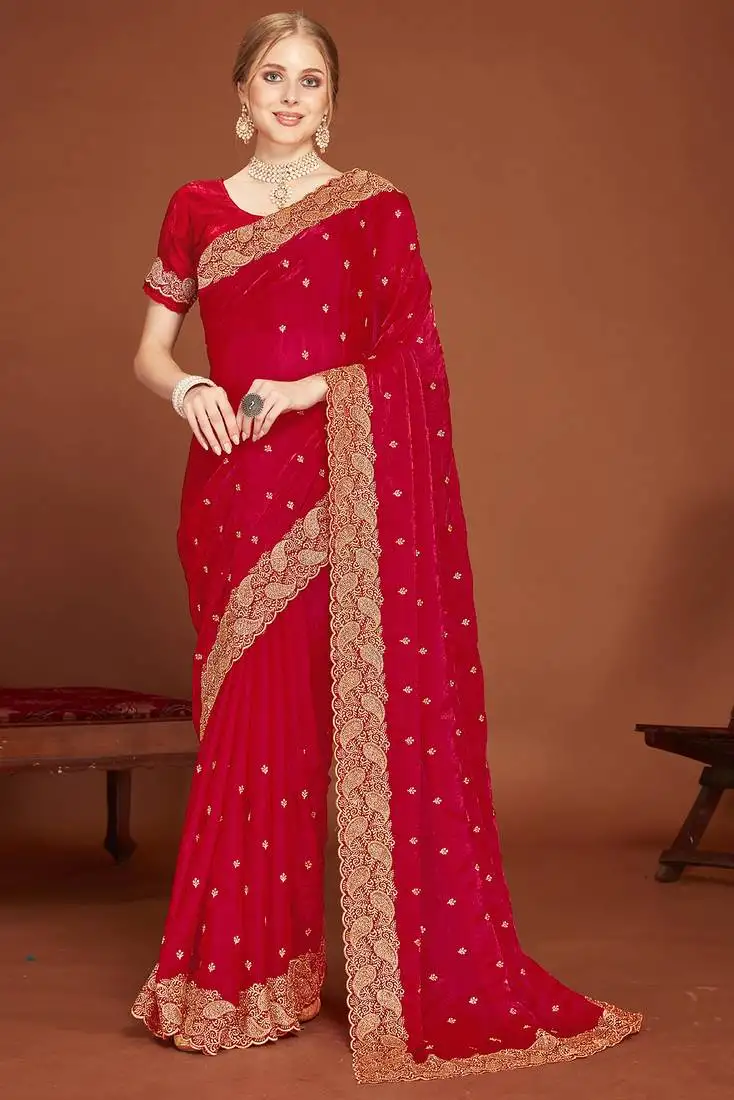 Magenta zari resham embroidered border two tone silk party wear saree with blouse piece