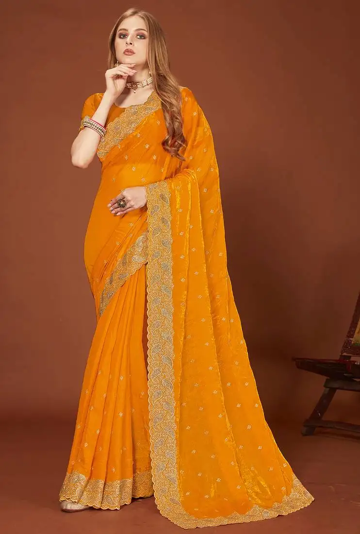 Mustard zari resham embroidered border two tone silk party wear saree with blouse piece