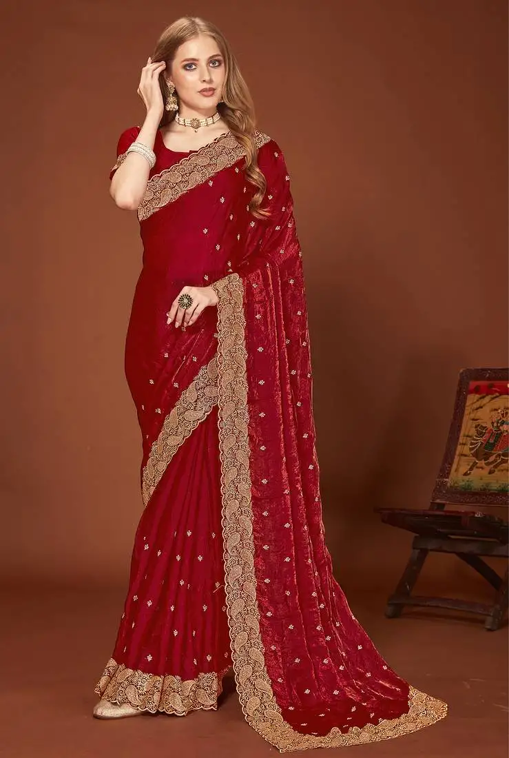 Maroon zari resham embroidered border two tone silk party wear saree with blouse piece