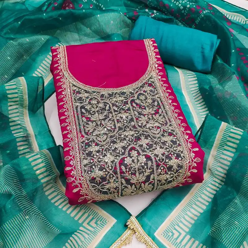 Women's unstitched embroidery sequence & digital print cotton dress material (msmfc11595b)