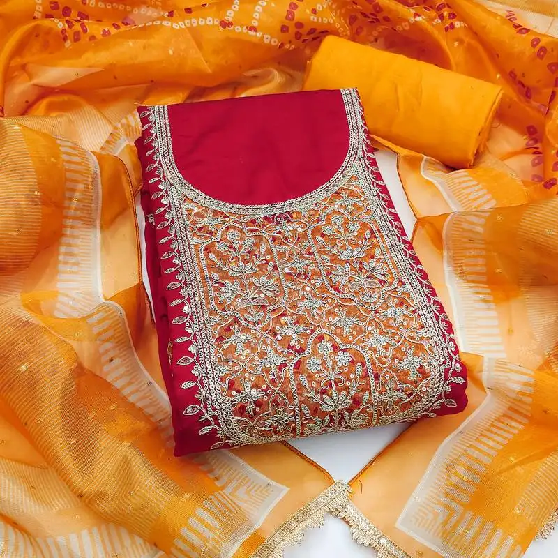 Women's unstitched embroidery sequence & digital print cotton dress material (msmfc11595c)