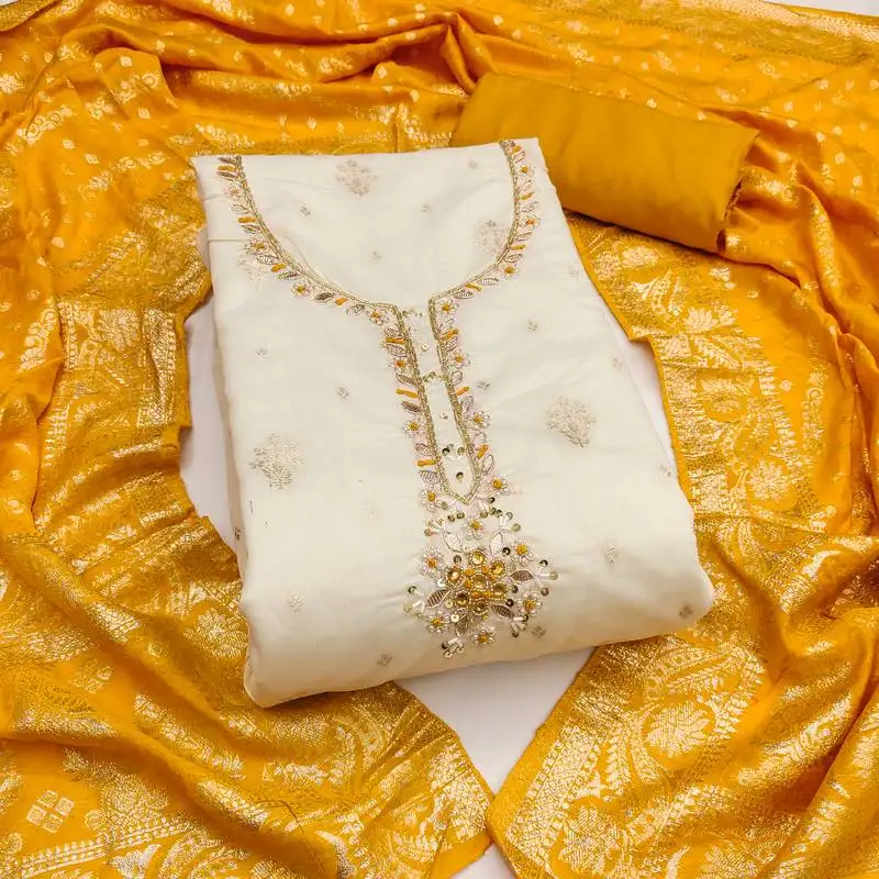 Women's unstitched weaving & handwork banarasi modal cotton silk dress material (msmfc11600a)