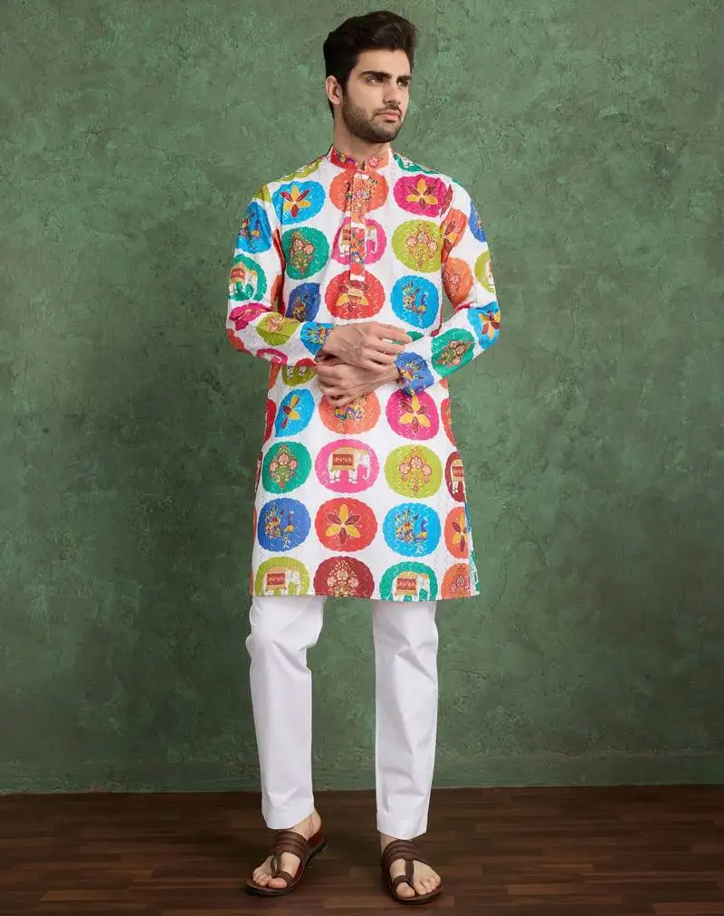White heavy rayon embroidered work & digital printed kurta for men