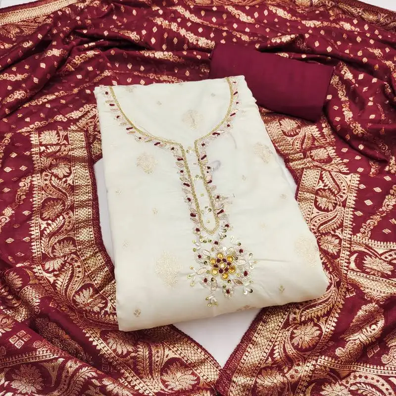 Women's unstitched weaving & handwork banarasi modal cotton silk dress material (msmfc11600b)