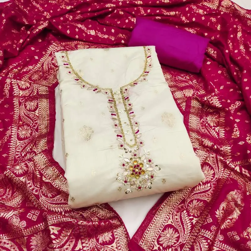 Women's unstitched weaving & handwork banarasi modal cotton silk dress material (msmfc11600c)