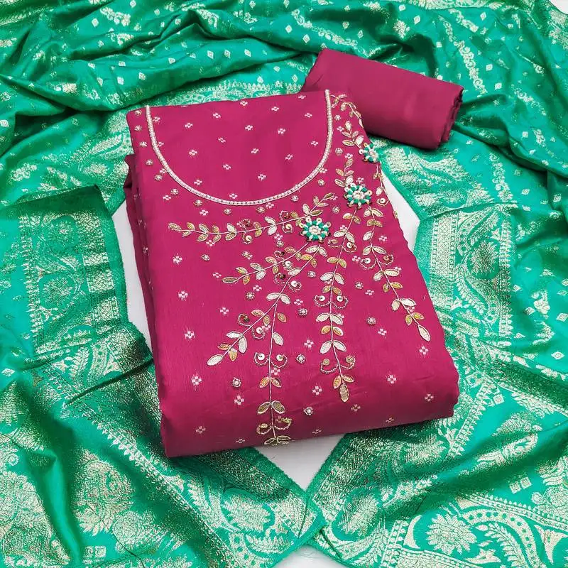 Women's pink unstitched weaving & handwork banarasi modal dress material (msmfc11602a)