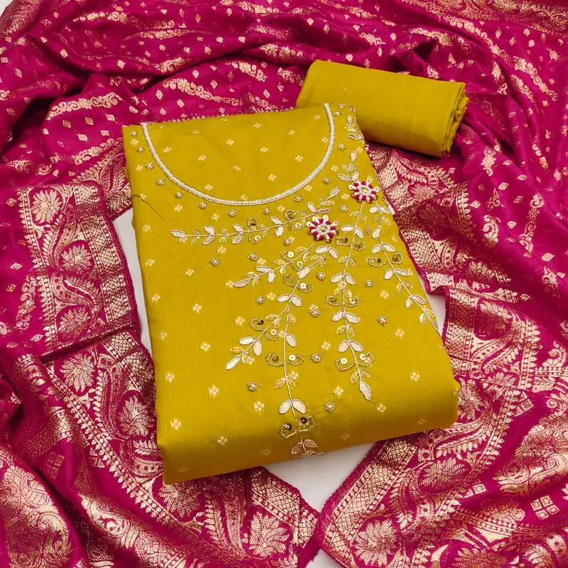 Women's light green unstitched weaving & handwork banarasi modal dress material (msmfc11602b)