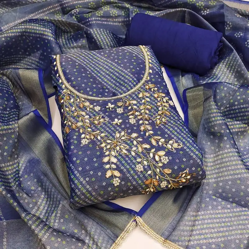 Women's unstitched bandhani print & handwork simmer cotton silk dress material (msmfc11603a)