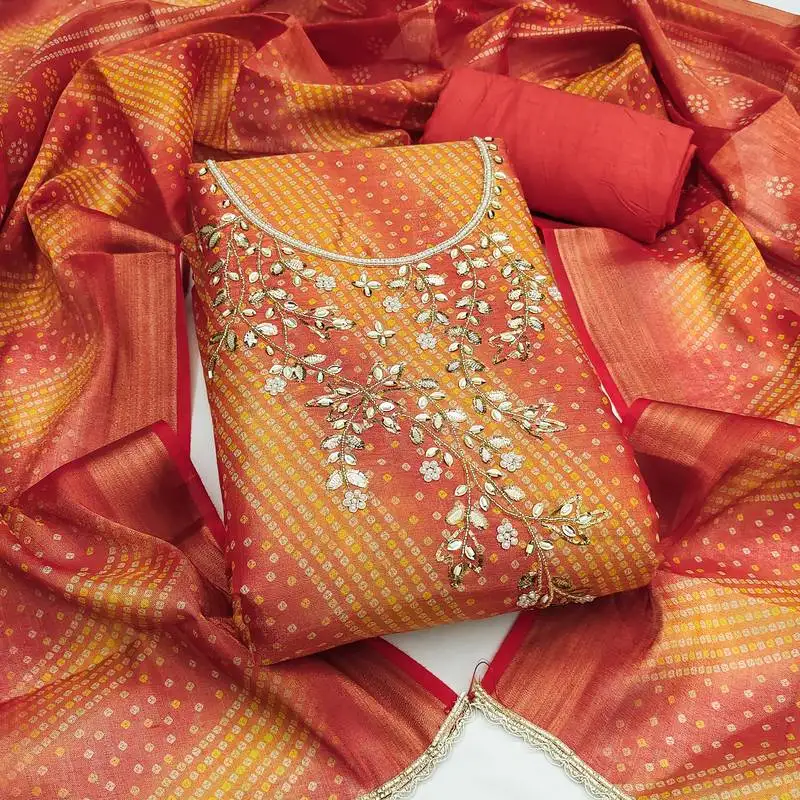 Women's unstitched bandhani print & handwork simmer cotton silk dress material (msmfc11603b)