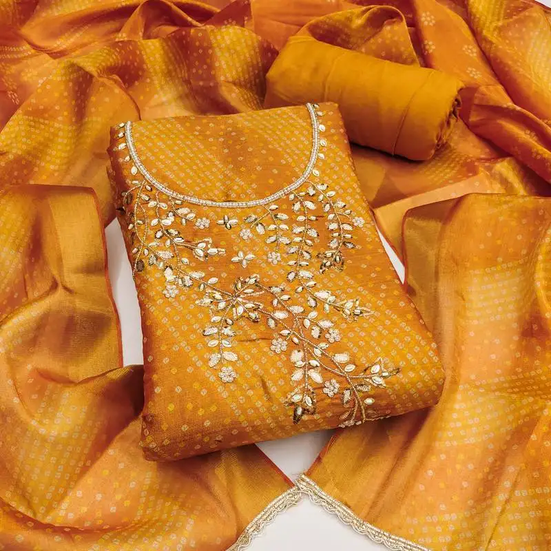 Women's unstitched bandhani print & handwork simmer cotton silk dress material (msmfc11603c)