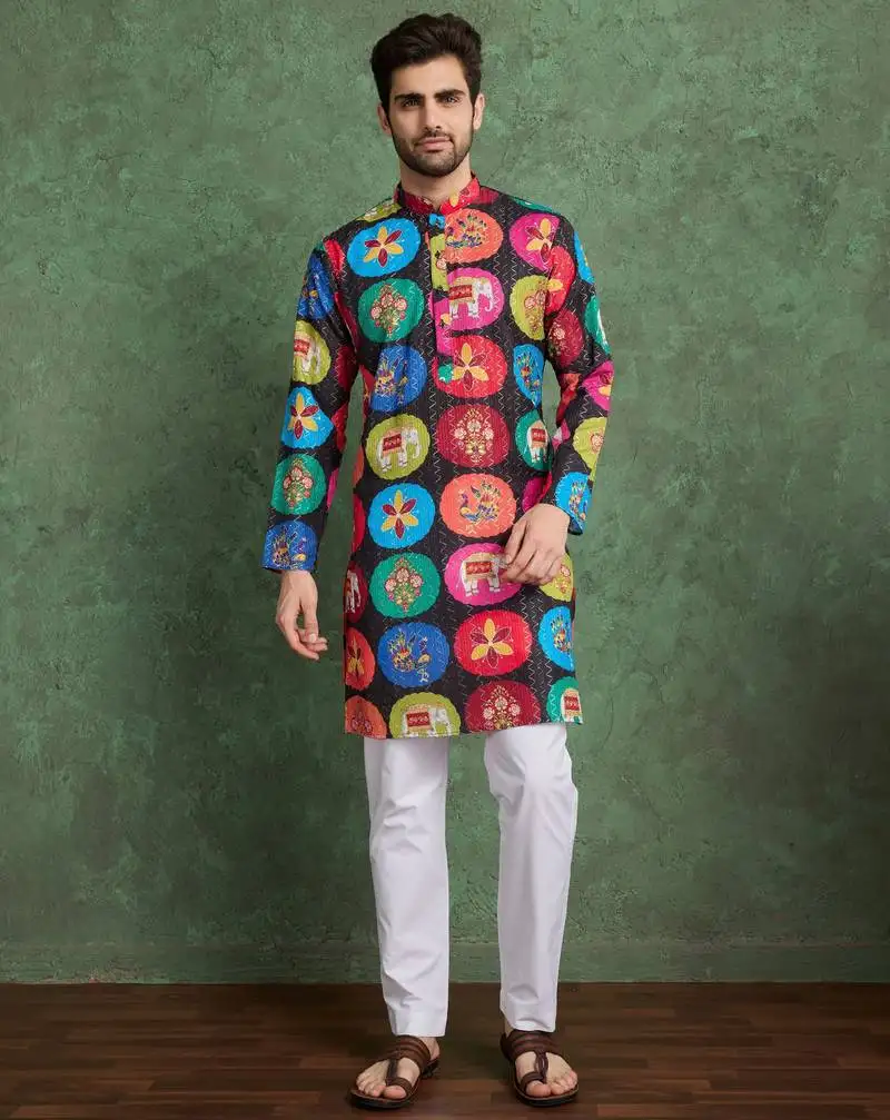 Multicolour heavy rayon embroidered work & digital printed kurta for men