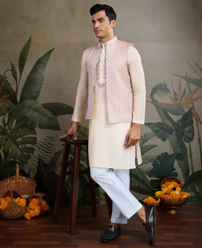 Off white viscose silk real mirror thread work kurta with weaving jacquard work design koti for men