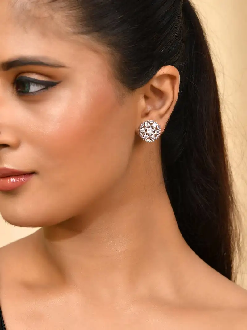 Silver-toned floral ad stud earrings