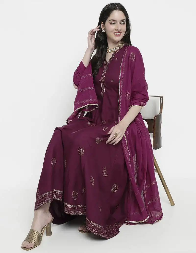 Purple rayon rogan printed & trim work anarkali kurta bottom dupatta set