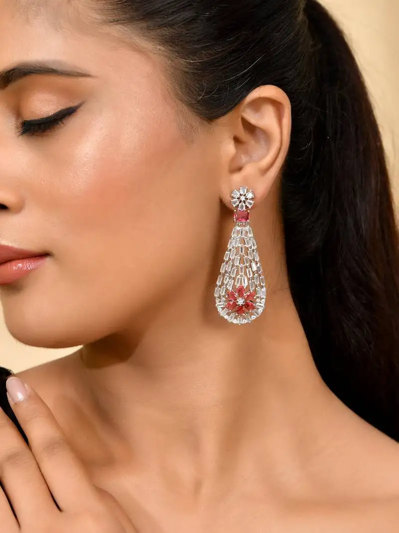 Silver-plated red stone drop earrings with american diamond