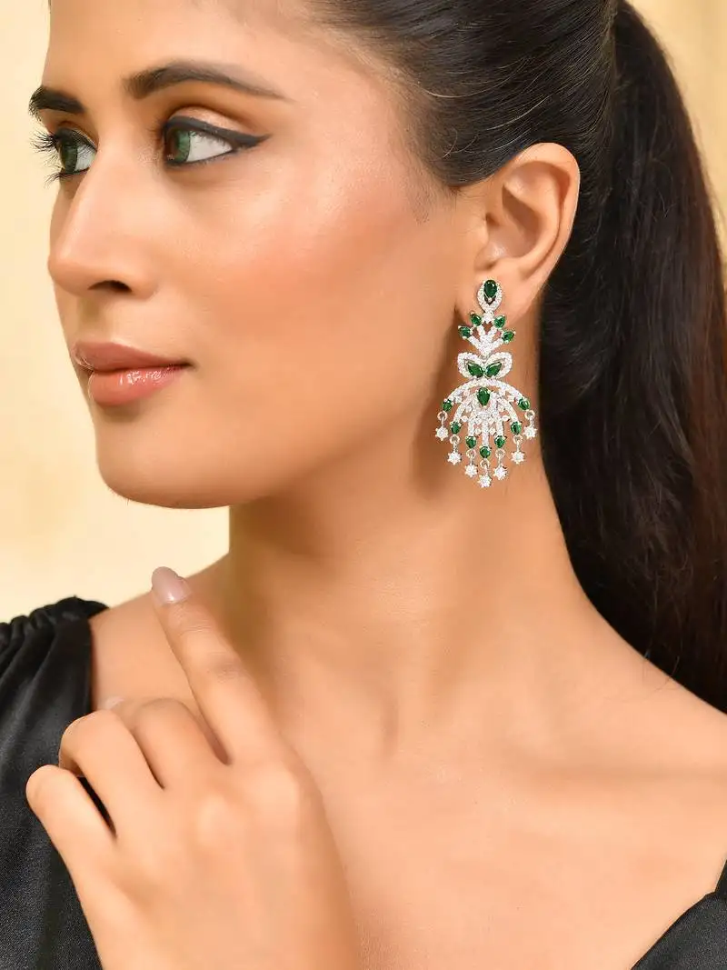 Silver-plated green & white american diamond chandelier earrings