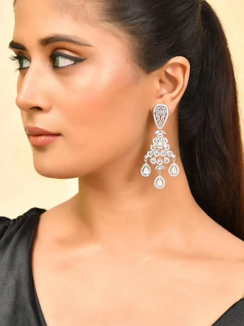 Silver-toned american diamond chandelier earrings