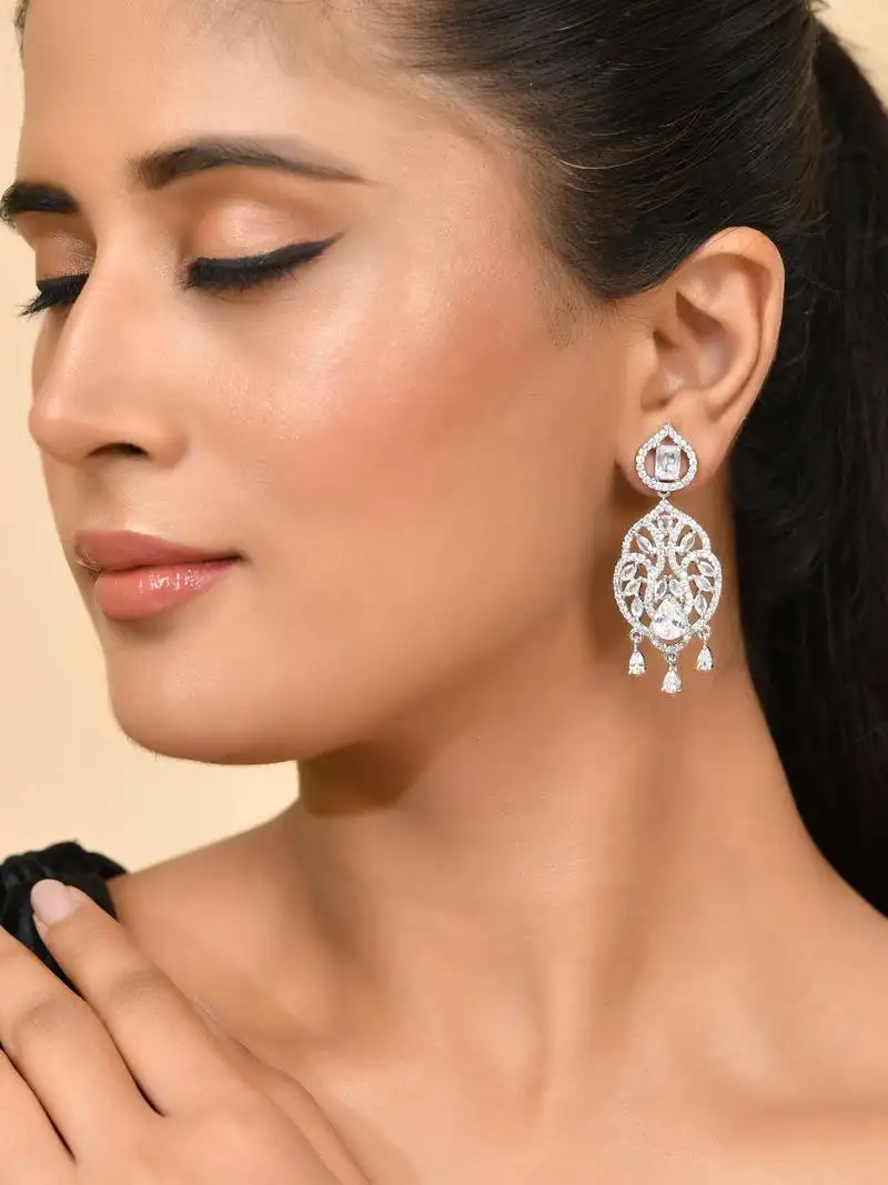 Silver-plated american diamond floral statement earrings