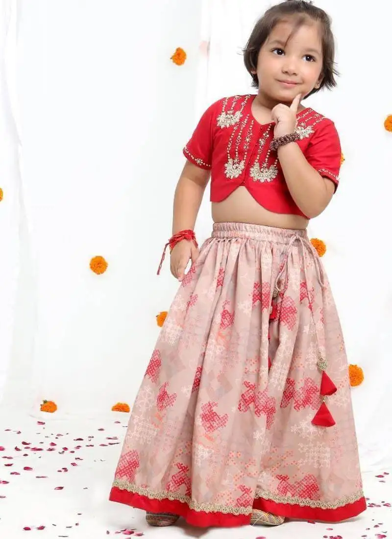 Redish hand embroidered blouse with beidge geometrical printed ghagara set for girls