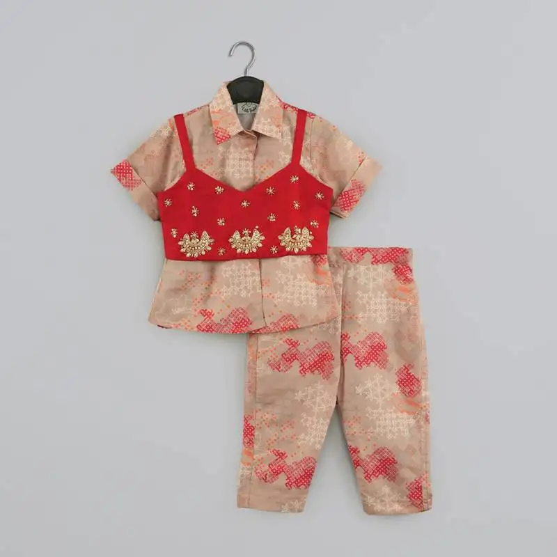 Beidge geometrical printed shirt with hand embroidered jacket with printed pant set for girls