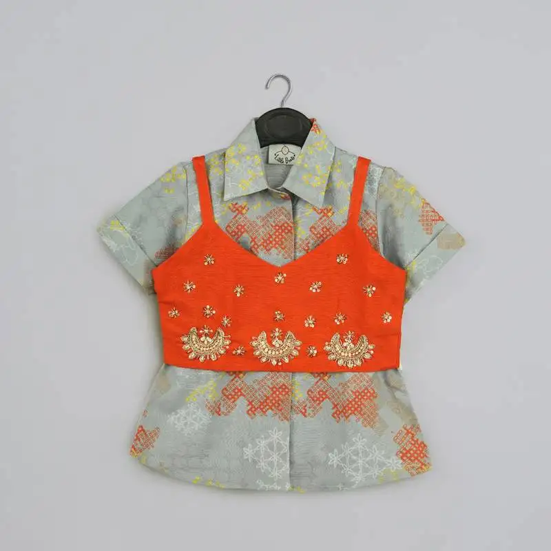 Grey geometrical printed shirt with hand embroidered jacket with printed pant set for girls