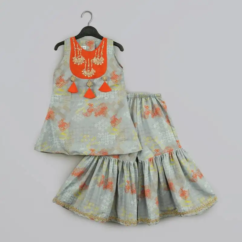 Grey geometrical printed hand embroidery top with geometrical printed sharara set for girls