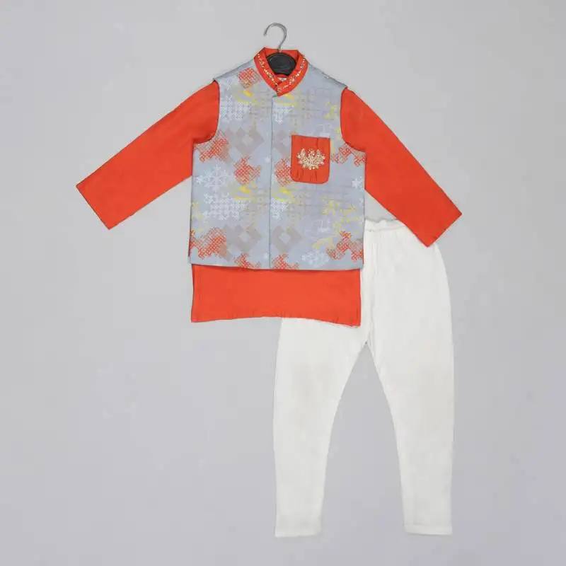 Orange kurta with grey geometrical printed bundi jacket with hand embroided with pajama set for boys