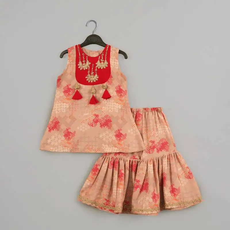 Beidge geometrical printed hand embroidery top with geometrical printed sharara set for girls