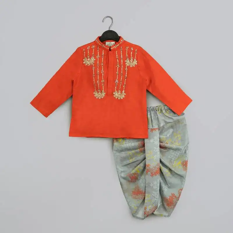 Orange hand embroidery kurta with grey geometrical printed dhoti set for boys