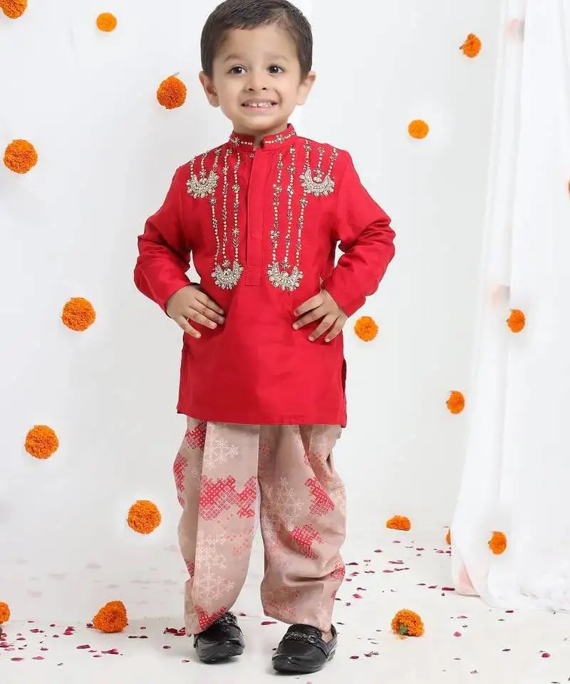 Redish hand embroidery kurta with beidge geometrical printed dhoti set for boys