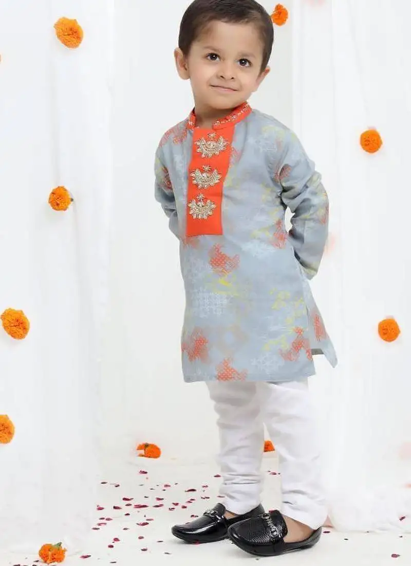 Grey geometrical printed hand embroidery kurta with pajama set for boys