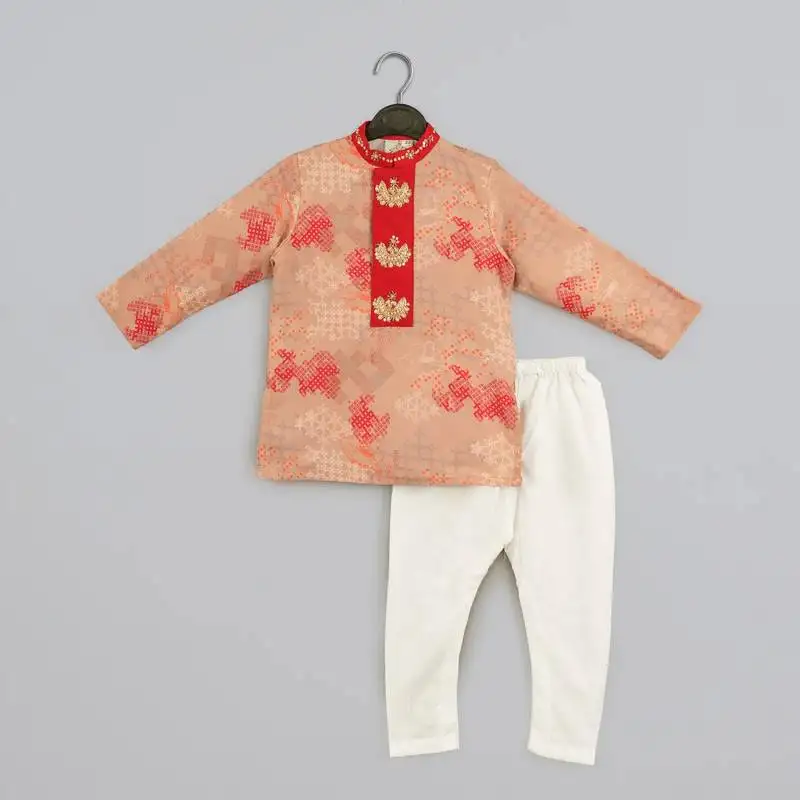 Beige geometrical printed hand embroidery kurta with pajama set for boys